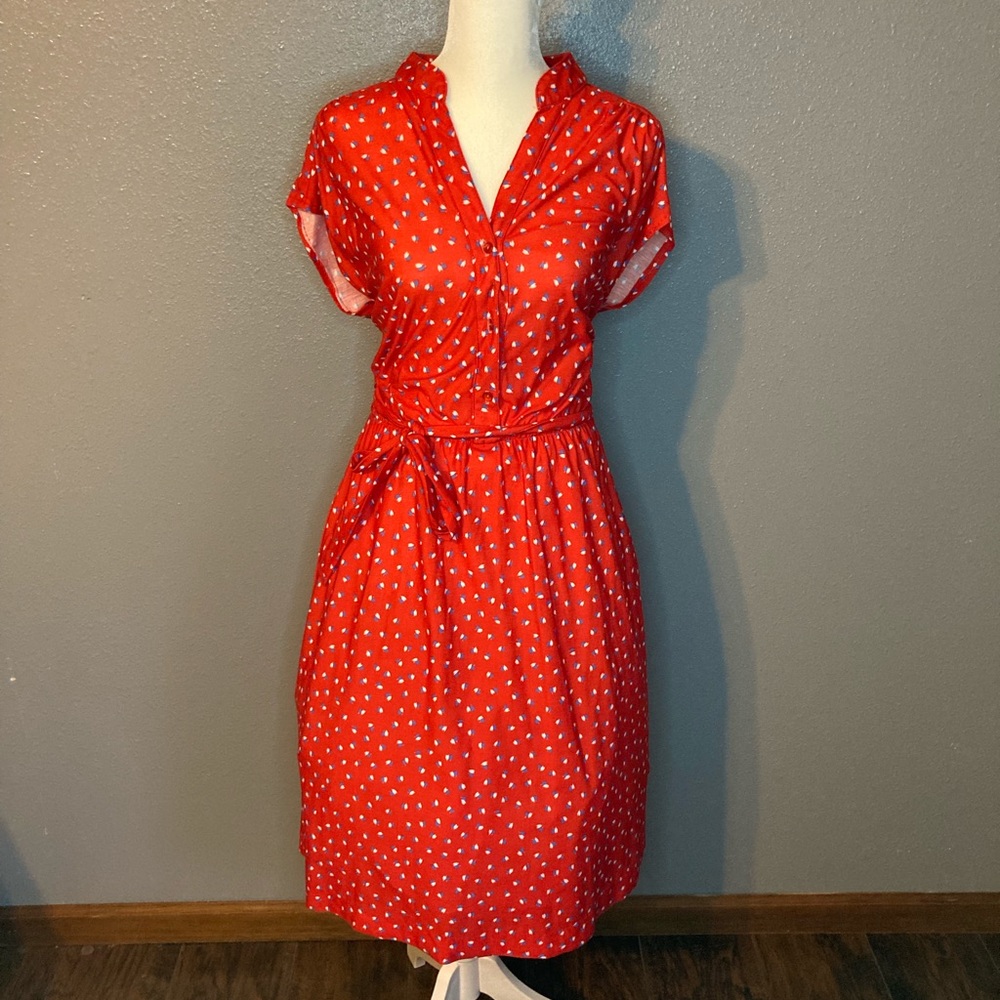 Red Vintage 70s Dress With Tiny Rose Pattern